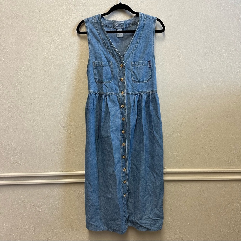 Denim Market Dress Tie Back Pockets Button Down Front Minimalist Modest Vintage